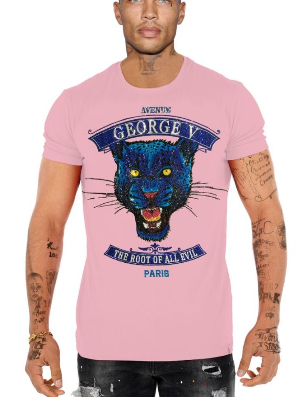 Avenue George V Paris T-Shirt rhinestone black panther men’s Pink Tee 3XL